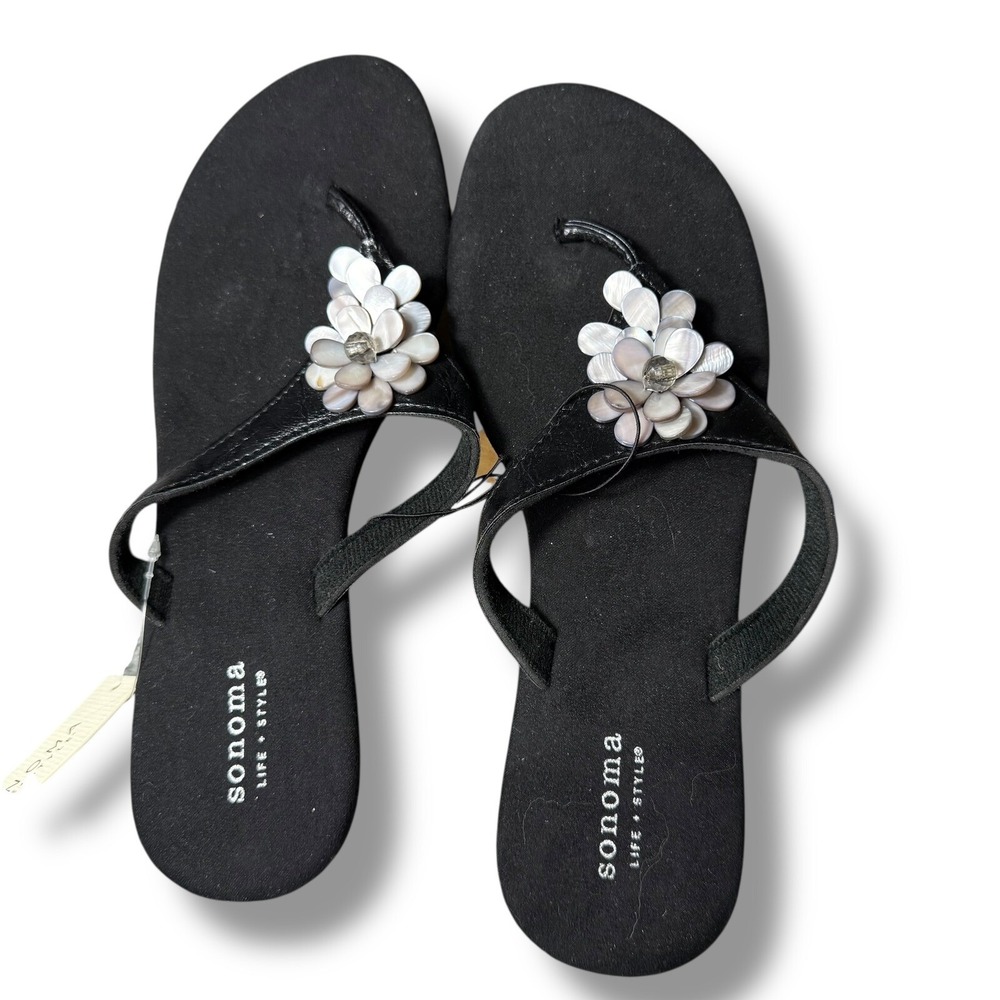 Sonoma Flower Thong Sandals Beach Pool Summer Slides Black Sz 7, 8